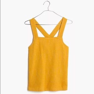 Madewell mustard yellow Apron Cross-Back textured knit button strap tank top